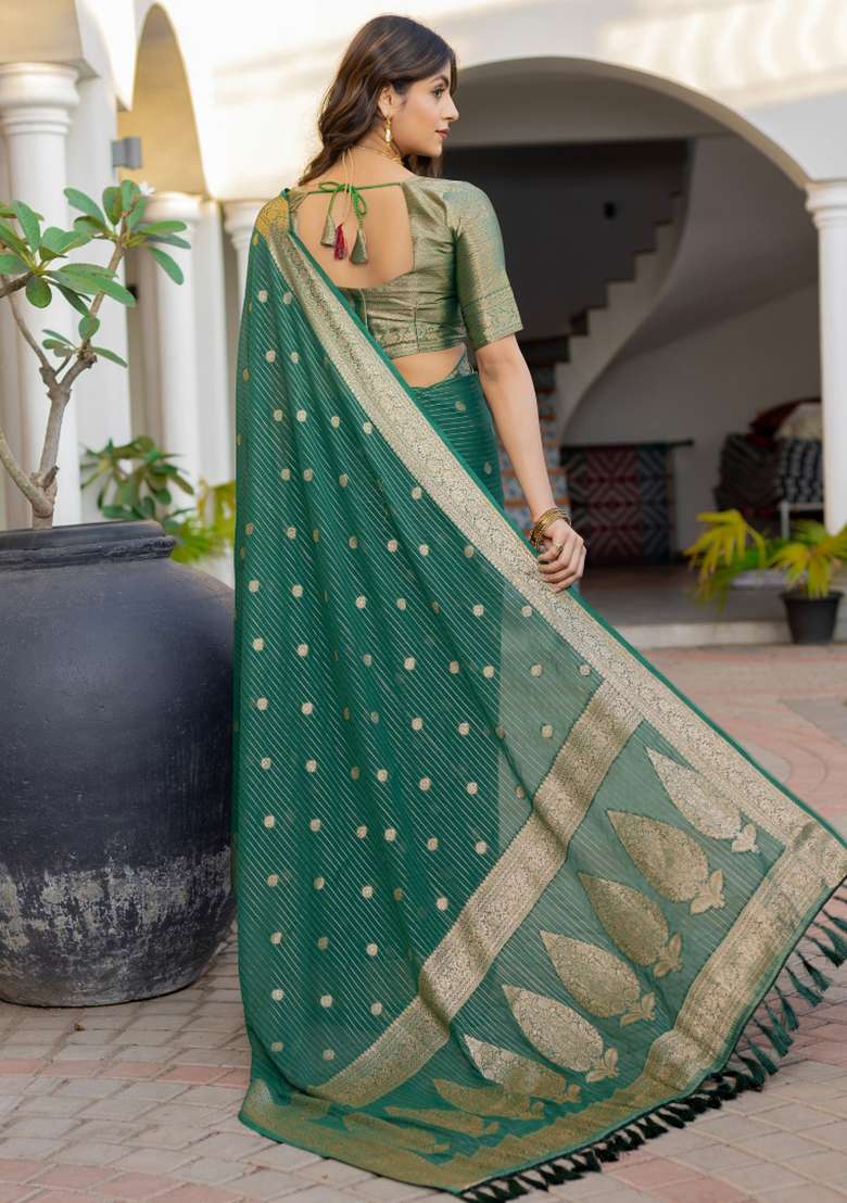 Green Printed Georgette Saree Set - Indya
