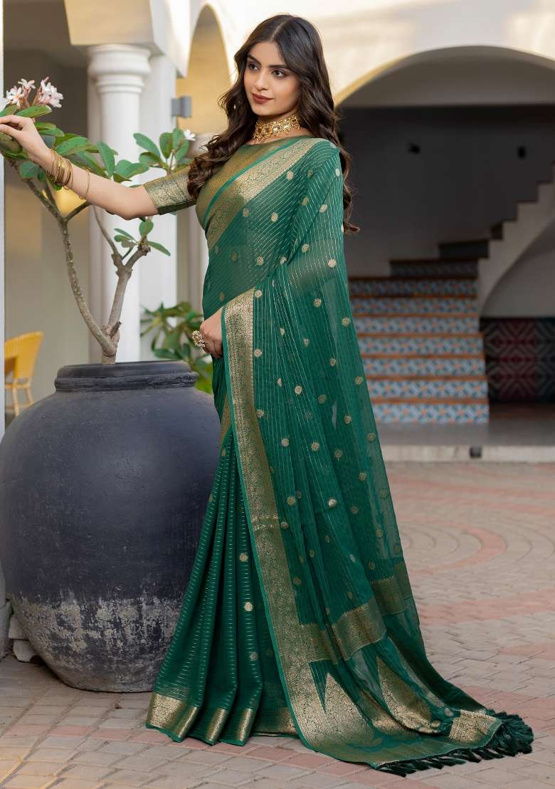 Green Printed Georgette Saree Set - Indya
