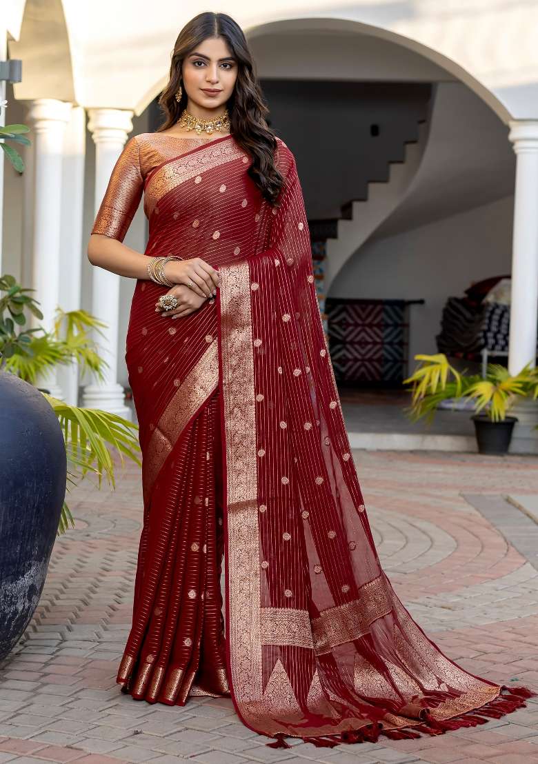 Maroon Georgette Saree Set with Printed for Diwali | Wedding & Festive Wear - Indya