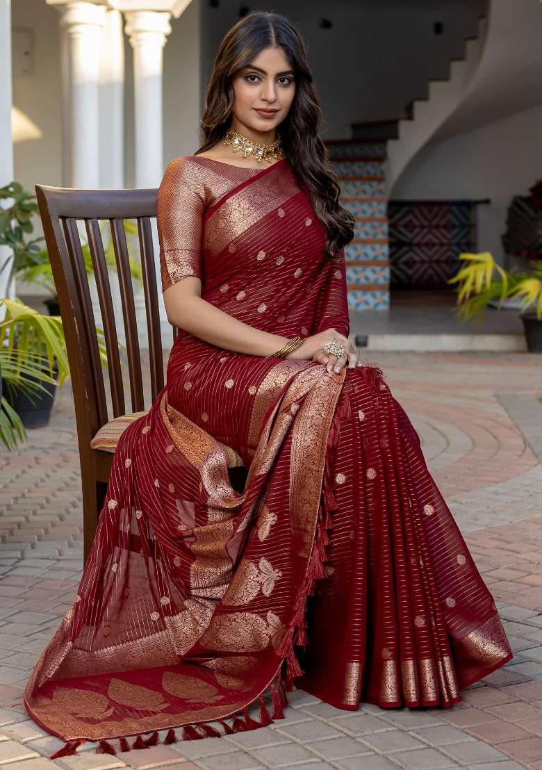 Maroon Georgette Saree Set with Printed for Diwali | Wedding & Festive Wear - Indya