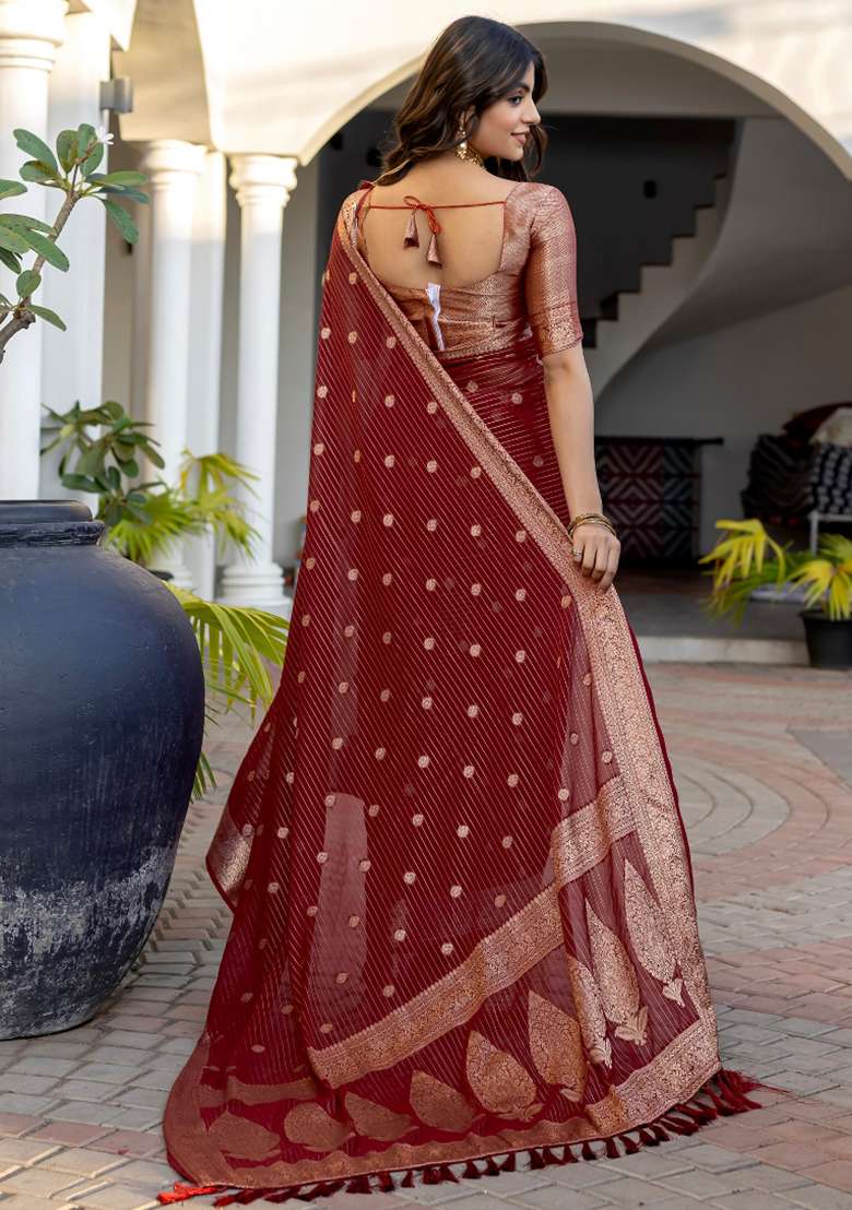 Maroon Georgette Saree Set with Printed for Diwali | Wedding & Festive Wear - Indya