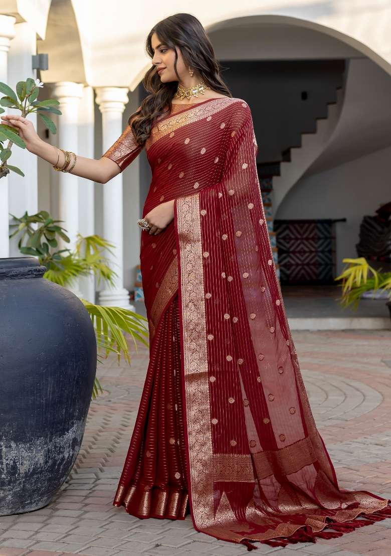Maroon Georgette Saree Set with Printed for Diwali | Wedding & Festive Wear - Indya