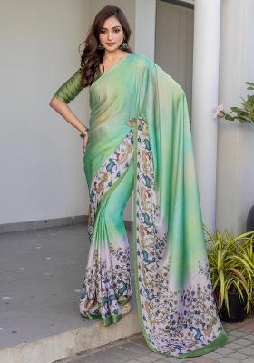 Light Green Printed Satin Saree Set
