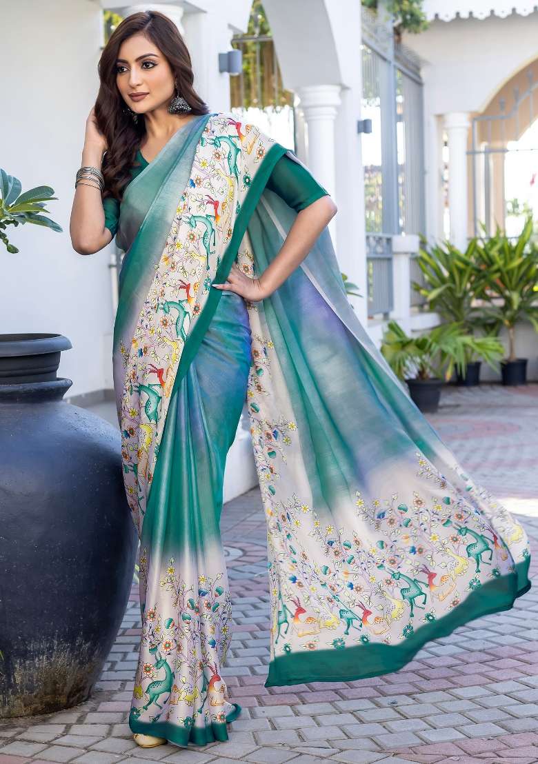 Teal Green Printed Satin Saree Set - Indya