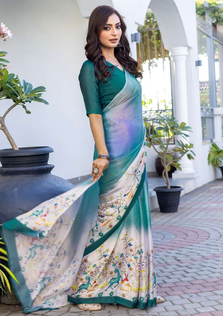 Teal Green Printed Satin Saree Set - Indya
