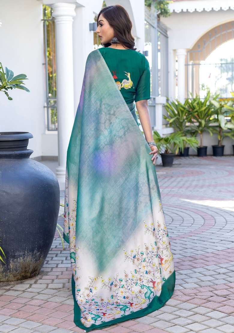 Teal Green Printed Satin Saree Set - Indya