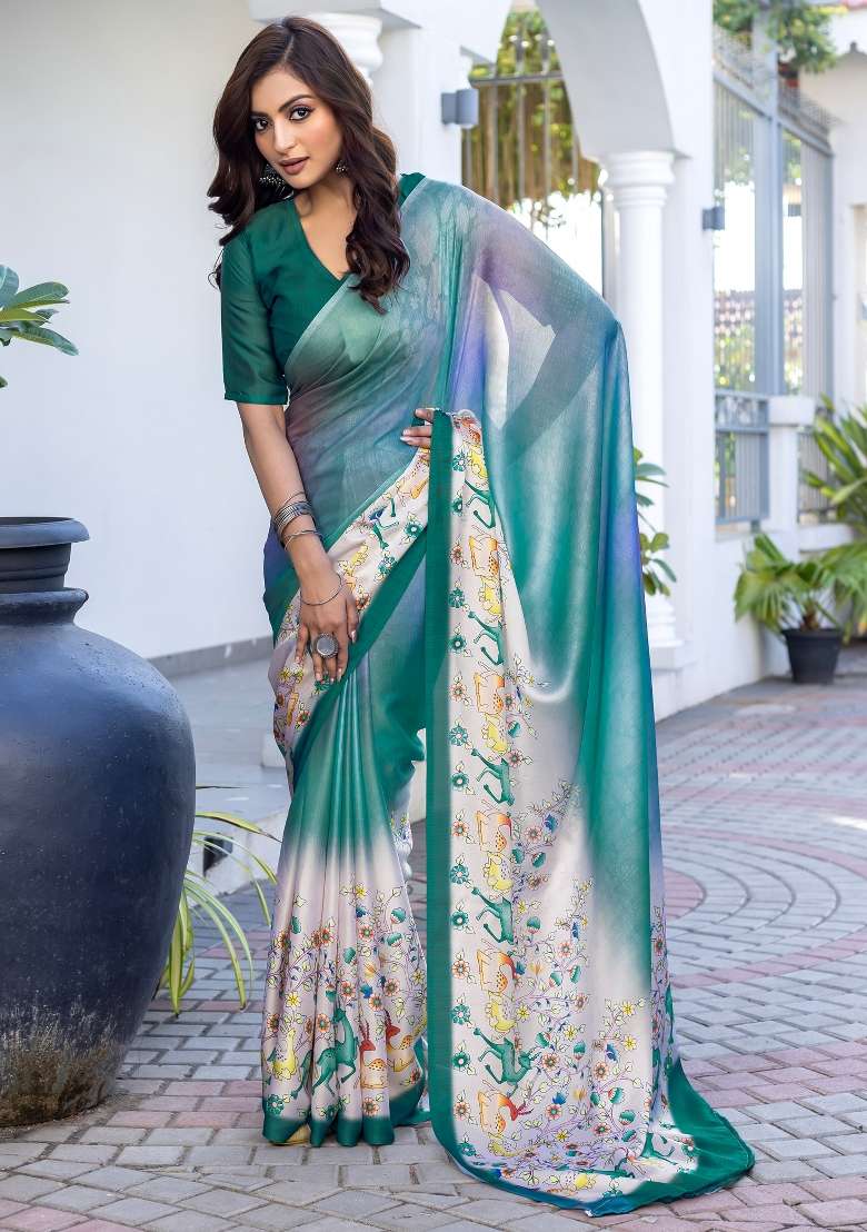 Teal Green Printed Satin Saree Set - Indya