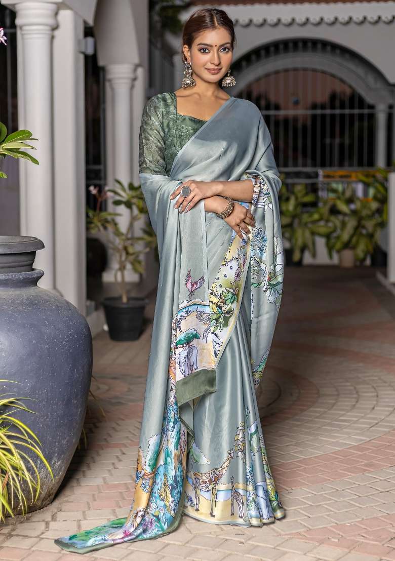 Sea Green Printed Satin Saree Set - Indya