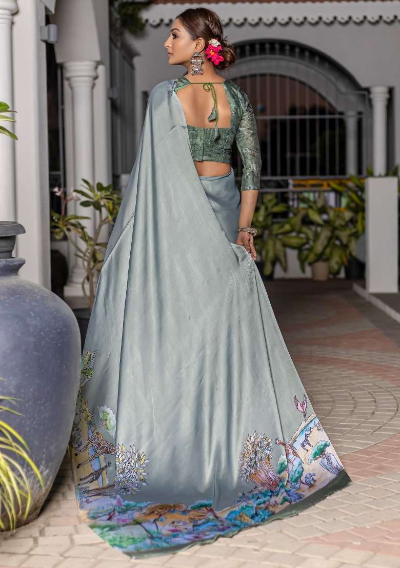 Sea Green Printed Satin Saree Set - Indya