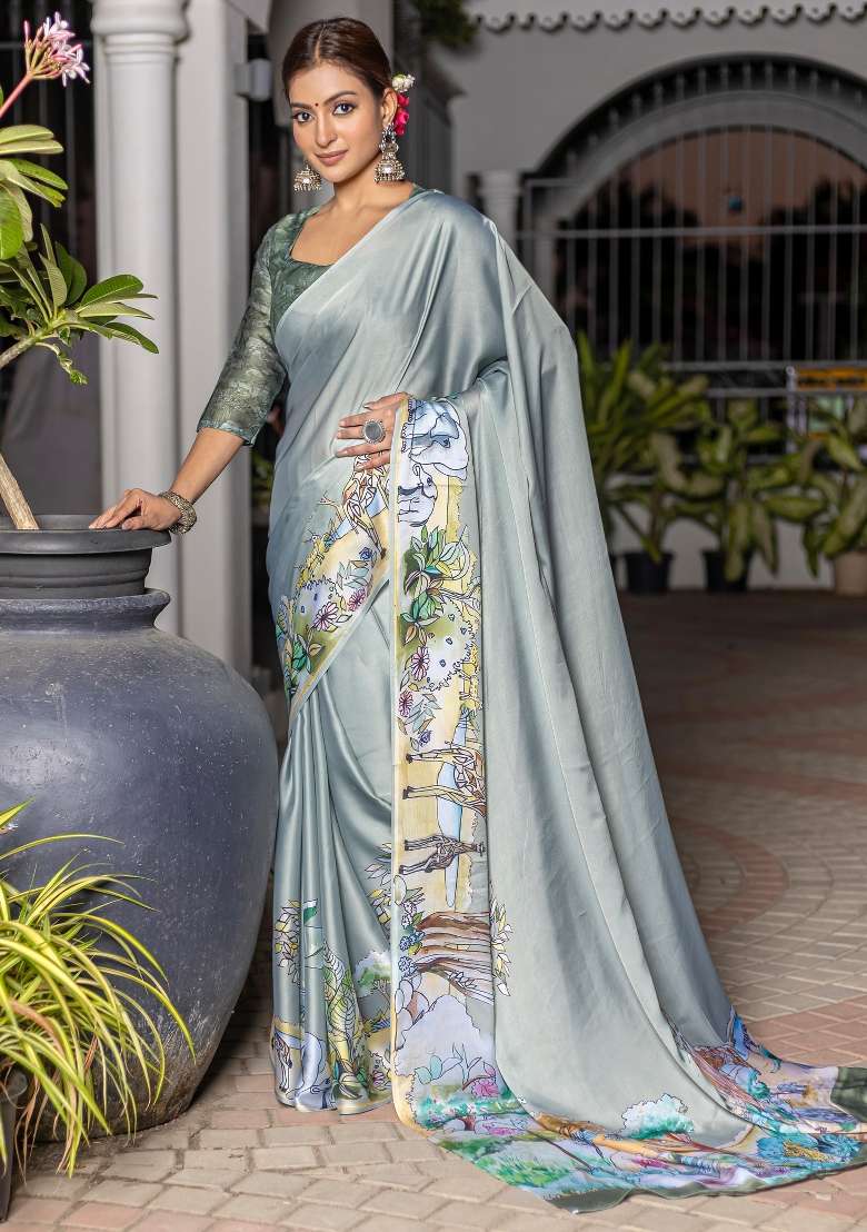 Sea Green Printed Satin Saree Set - Indya