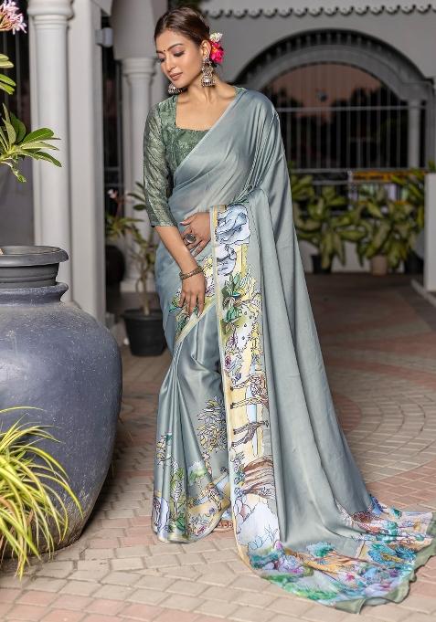 Sea Green Printed Satin Saree Set — view on Indya