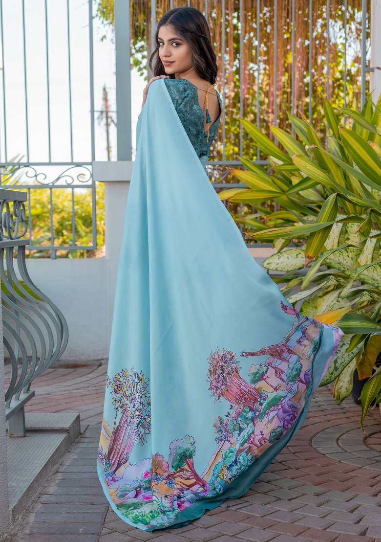 Light Blue Printed Satin Saree Set - Indya