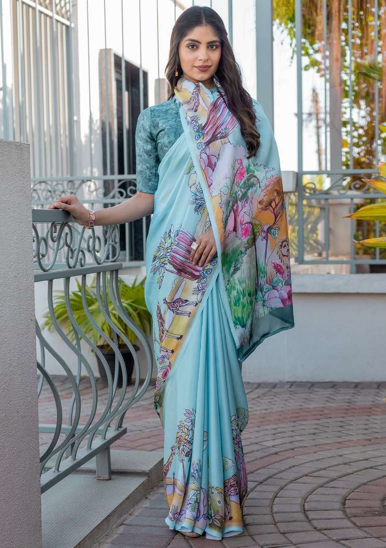 Light Blue Printed Satin Saree Set - Indya