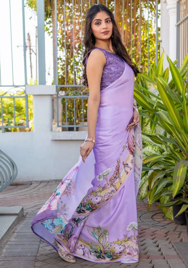 Lavender Printed Satin Saree Set - Indya