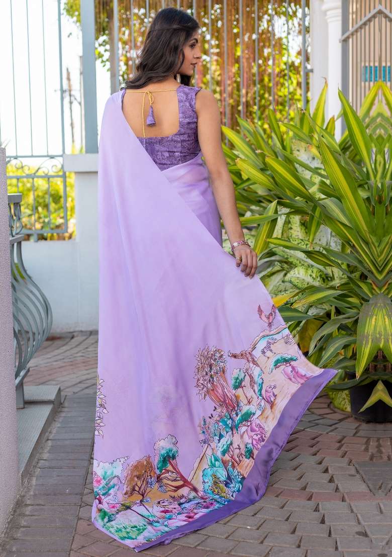 Lavender Printed Satin Saree Set - Indya
