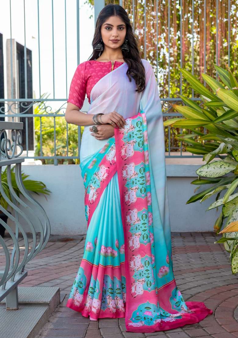 Light Blue Printed Satin Saree Set - Indya