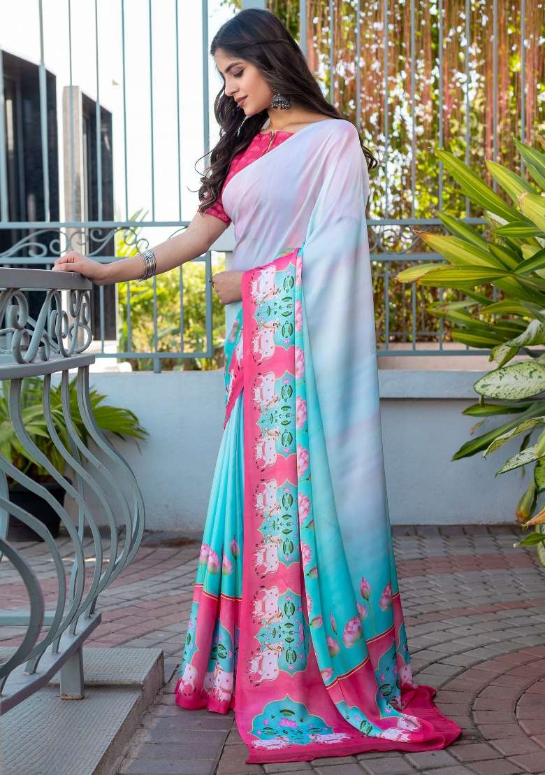 Light Blue Printed Satin Saree Set - Indya