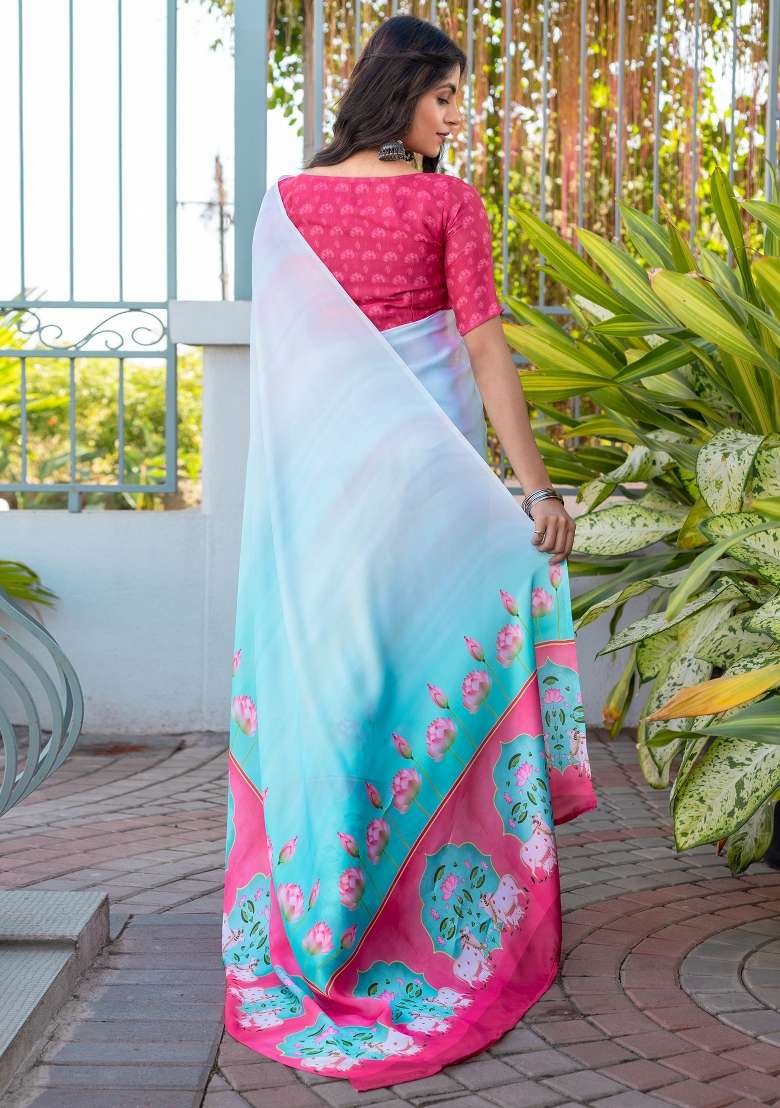 Light Blue Printed Satin Saree Set - Indya