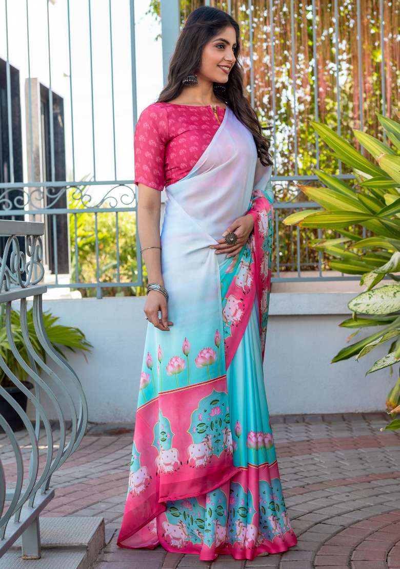 Light Blue Printed Satin Saree Set - Indya