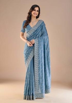 Light Blue Printed Vichitra Silk Saree Set