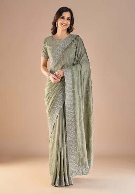 Sea Green Printed Vichitra Silk Saree Set