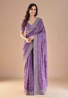 Lavender Printed Vichitra Silk Saree Set