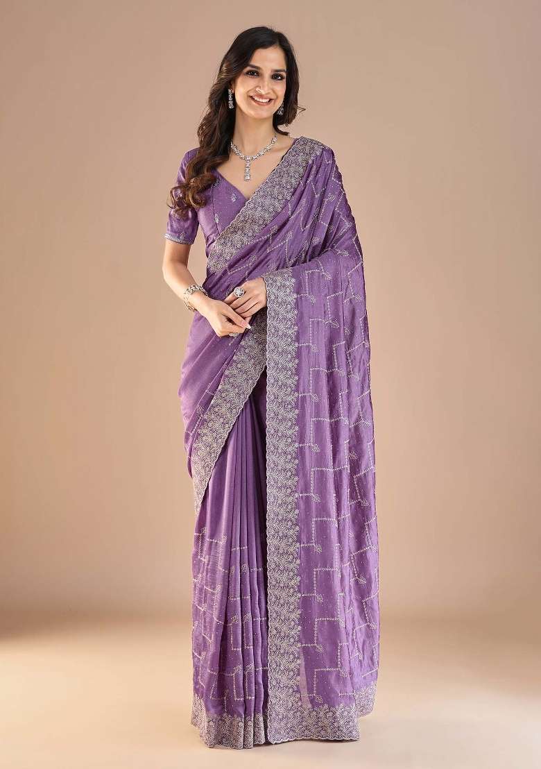 Lavender Printed Vichitra Silk Blend Saree Set for Diwali and Festive Wear - Indya