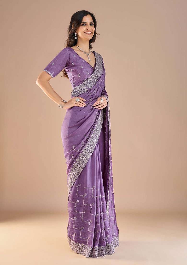 Lavender Printed Vichitra Silk Blend Saree Set for Diwali and Festive Wear - Indya