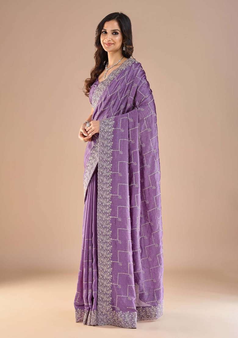 Lavender Printed Vichitra Silk Blend Saree Set for Diwali and Festive Wear - Indya