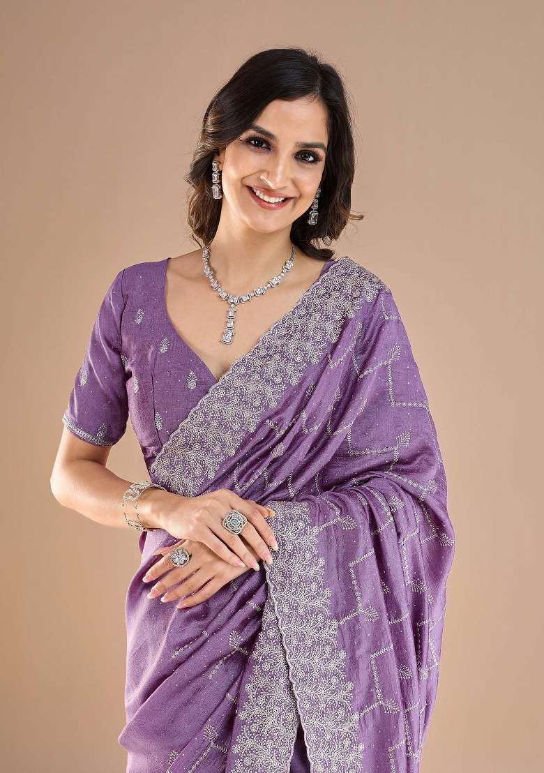 Lavender Printed Vichitra Silk Blend Saree Set for Diwali and Festive Wear - Indya