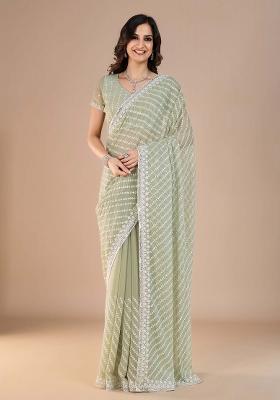 Sea Green Printed Silk Blend Saree Set