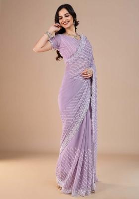 Lavender Printed Silk Blend Saree Set
