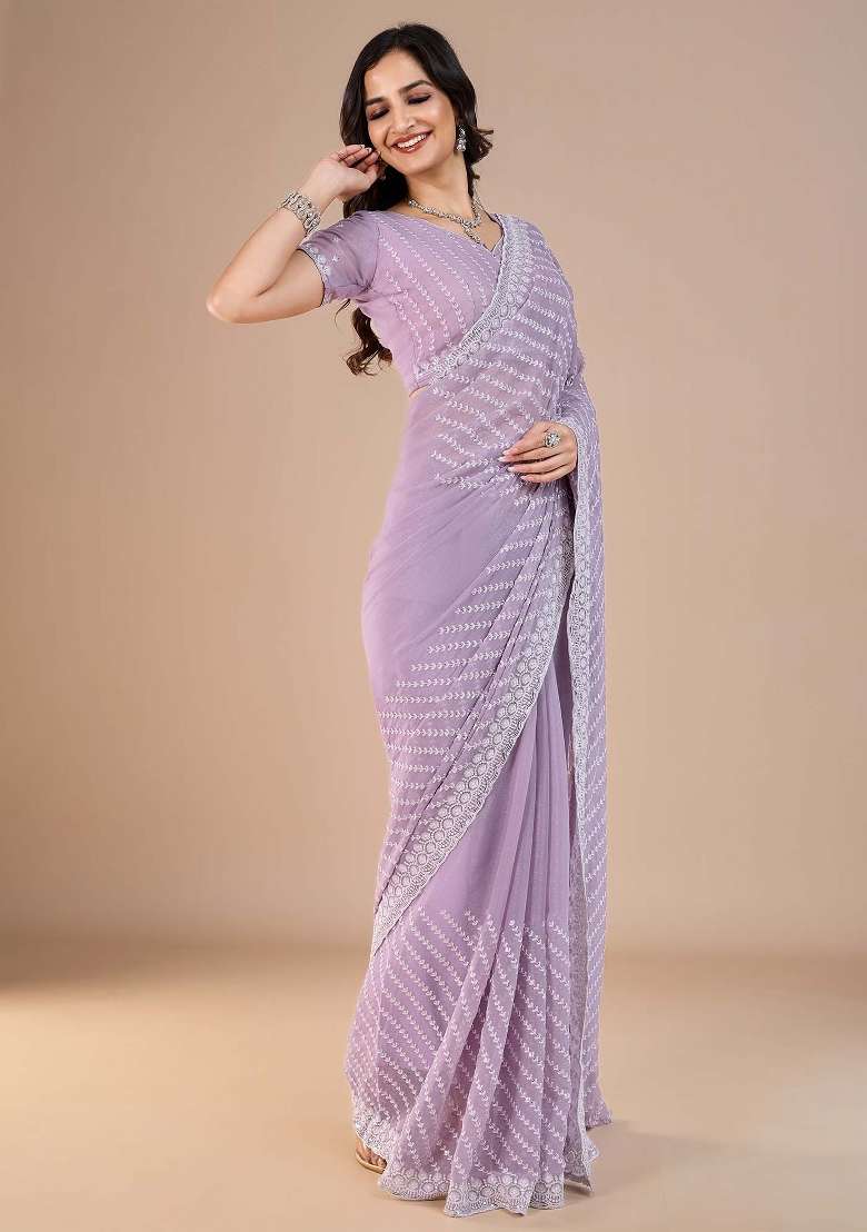 Lavender Printed Silk Blend Saree Set - Indya