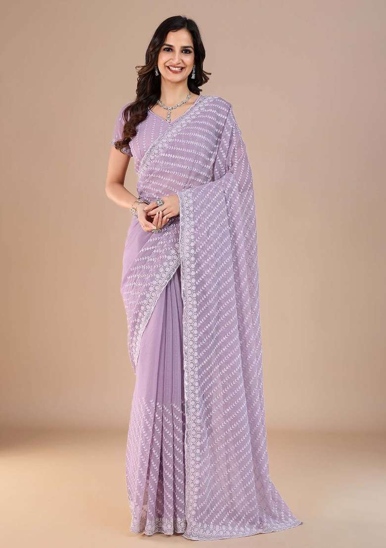 Lavender Printed Silk Blend Saree Set - Indya