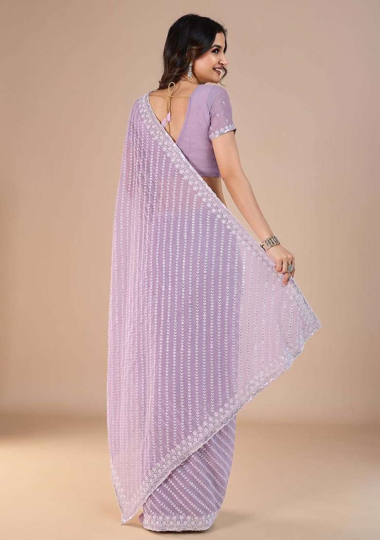 Lavender Printed Silk Blend Saree Set - Indya