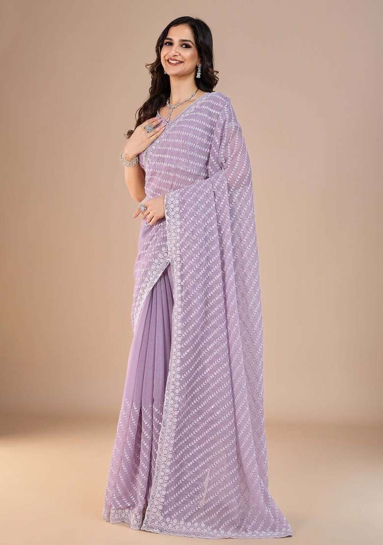 Lavender Printed Silk Blend Saree Set - Indya