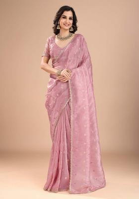 Pink Printed Organza Saree Set