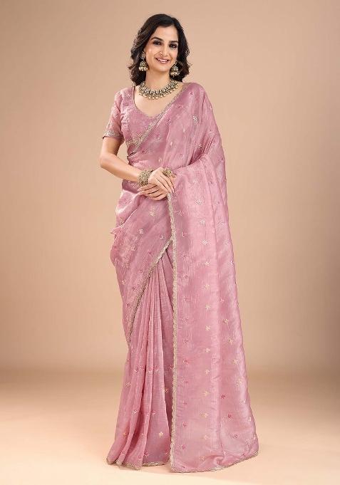 Pink Printed Organza Saree Set — view on Indya