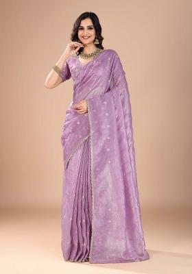 Purple Printed Organza Saree Set