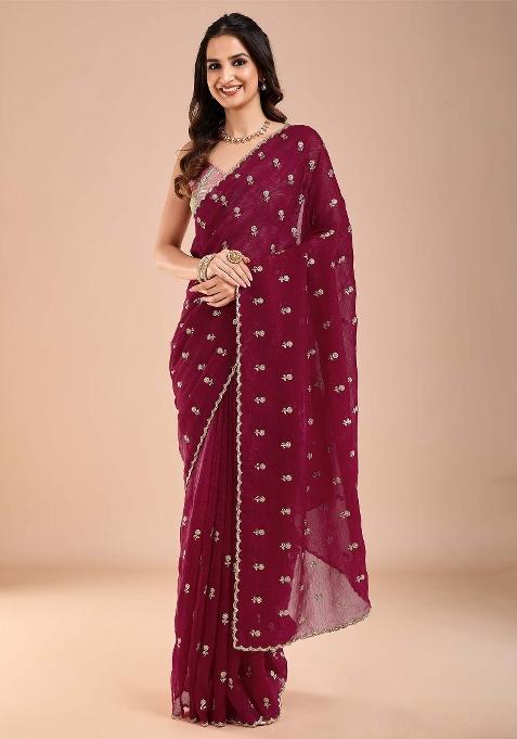 Magenta Printed Tissue Saree Set — view on Indya
