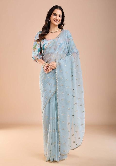 Light Blue Printed Tissue Saree Set