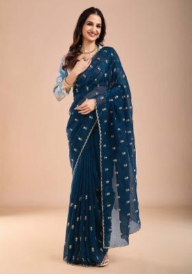 Blue Printed Tissue Saree Set