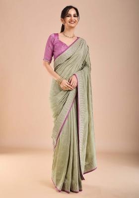Sea Green Printed Vichitra Silk Saree Set