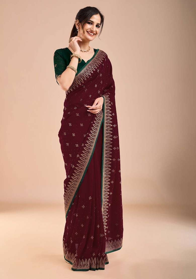 Maroon Printed Vichitra Silk Blend Saree Set for Diwali and Festive Wear - Indya