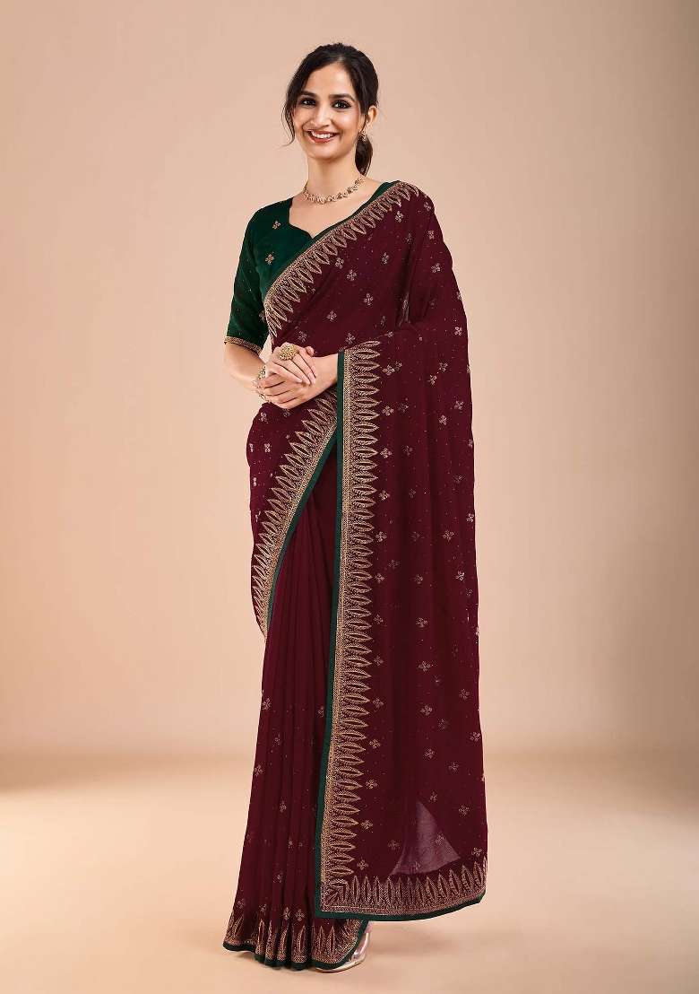 Maroon Printed Vichitra Silk Blend Saree Set for Diwali and Festive Wear - Indya
