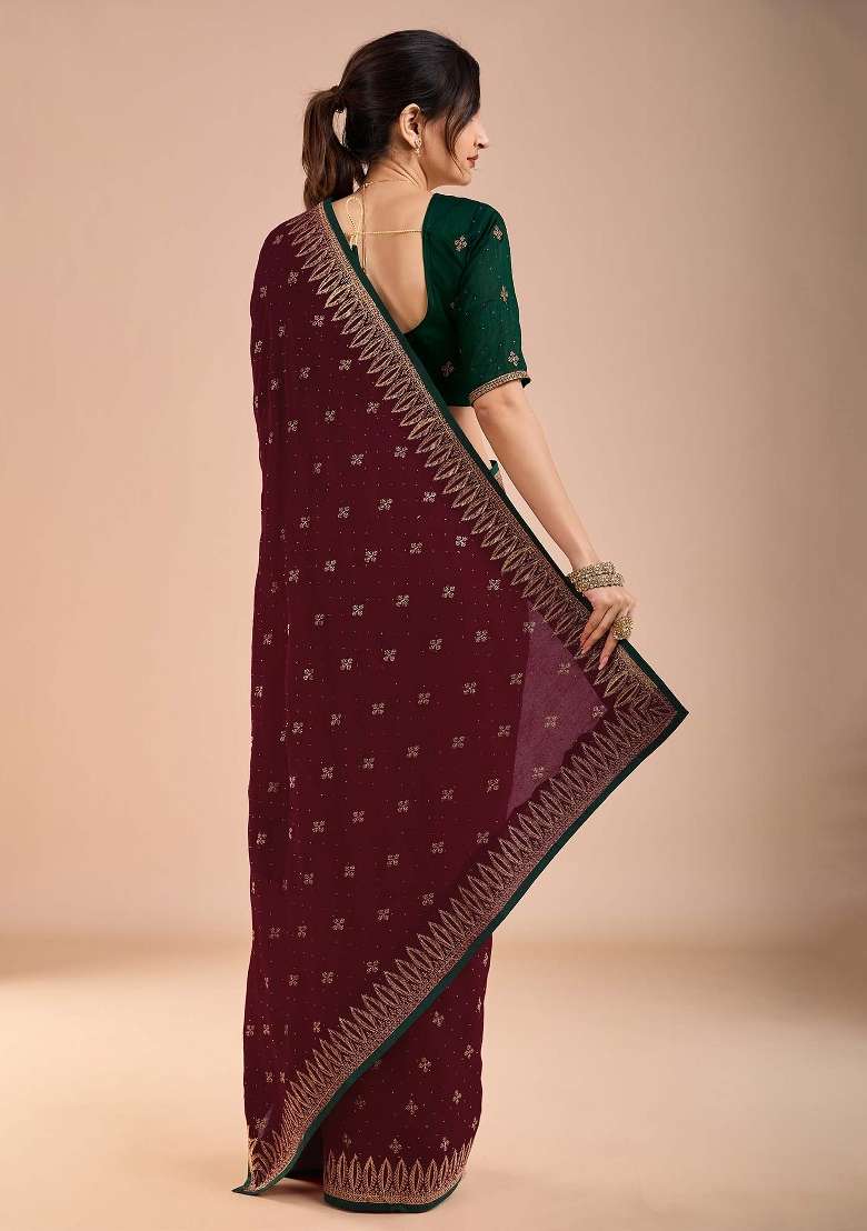 Maroon Printed Vichitra Silk Blend Saree Set for Diwali and Festive Wear - Indya