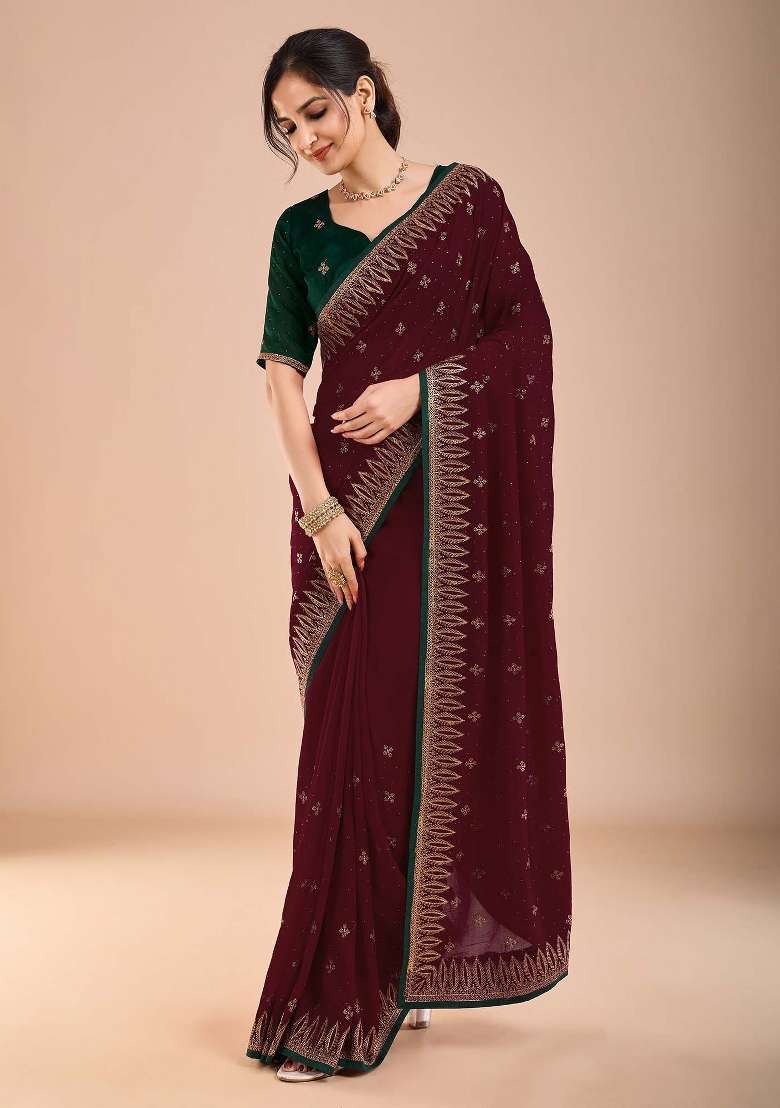 Maroon Printed Vichitra Silk Blend Saree Set for Diwali and Festive Wear - Indya