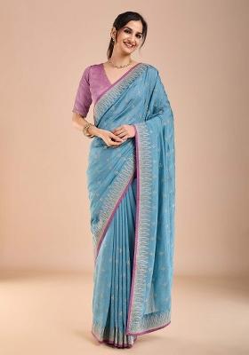 Light Blue Printed Vichitra Silk Saree Set