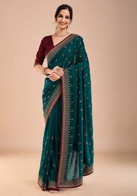 Teal Green Printed Vichitra Silk Blend Saree Set