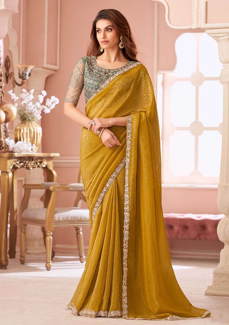 Mustard Georgette Saree Set with Printed for Diwali | Wedding & Festive Wear - Indya